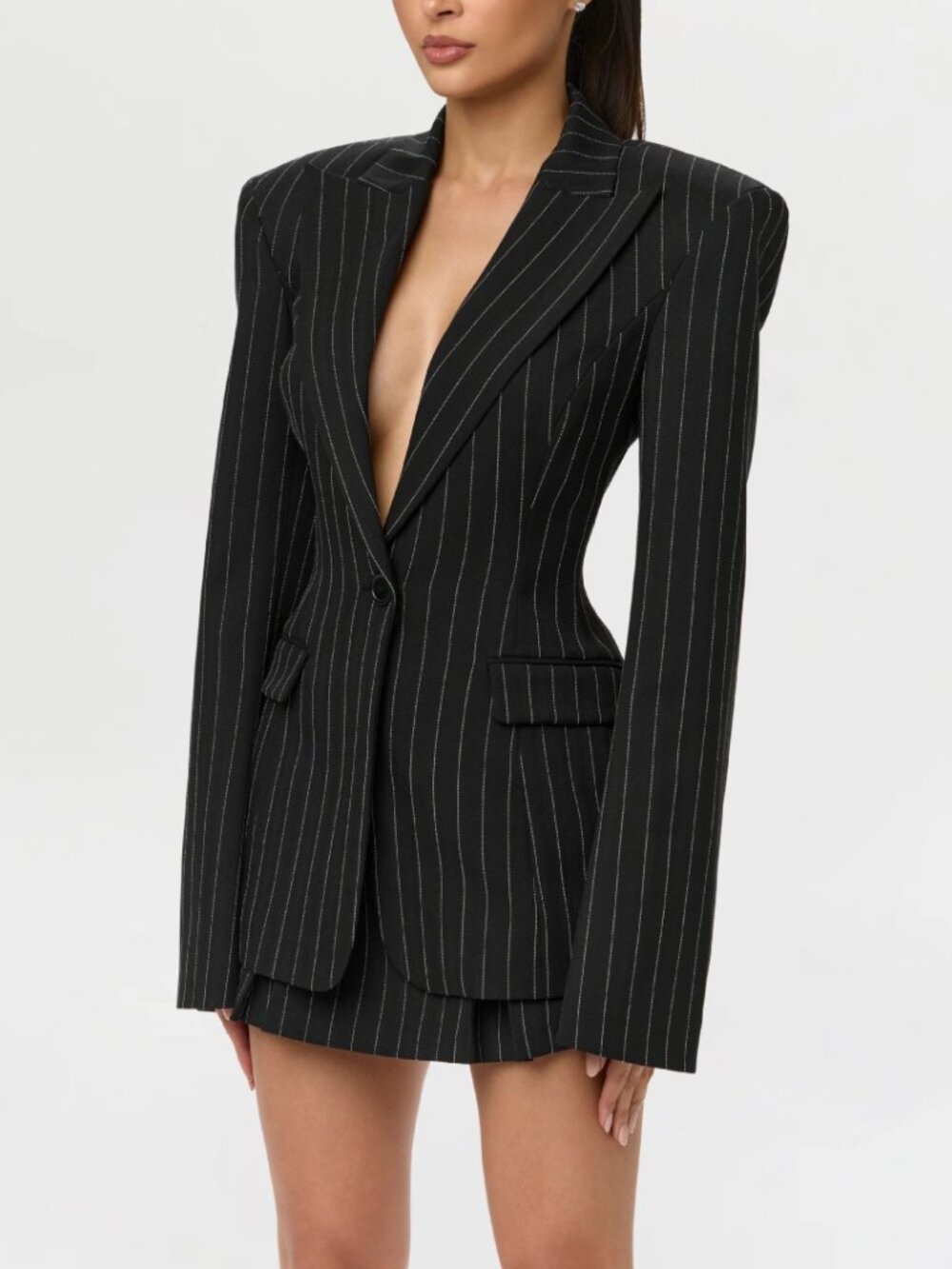 Naked Wardrobe Pinstripe Suiting Pleated Mini Skirt Black White Preppy Sz M NWT - Picture 5 of 16